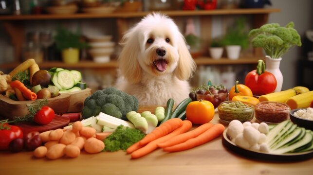 A dog sitting in front of a table full of fresh vegetables. Suitable for pet and healthy lifestyle concepts