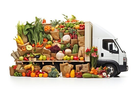 A truck loaded with a variety of fresh fruits and vegetables. Perfect for food market concepts