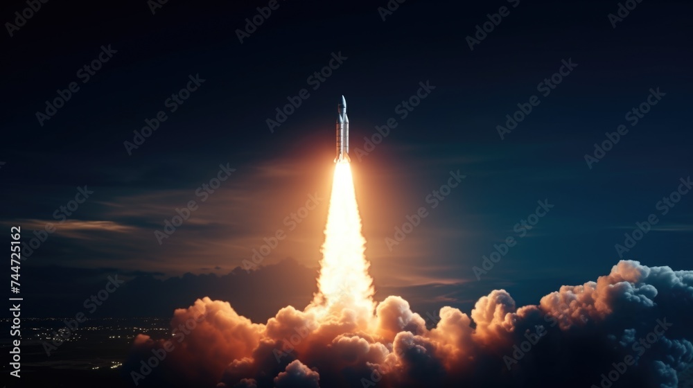 Poster A space shuttle launching into the sky. Suitable for science and technology concepts