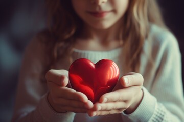 A little girl holding a red heart. Suitable for Valentine's Day concepts