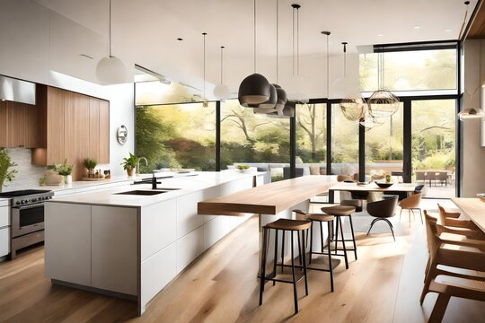 An open-concept kitchen with seamless integration of indoor and outdoor spaces. Floor-to-ceiling windows and sliding doors create a natural connection