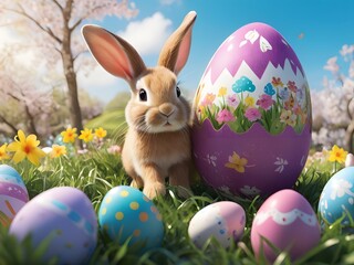 A rabbit holding a purple Easter egg in a field of colorful flowers.