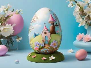 A decorated Easter egg featuring a fairytale castle and colorful flowers.