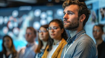 Obraz premium In the midst of a startup pitch, a young businessman's face is lit up by vibrant stage lights, reflecting his deep immersion and thoughtful contemplation of the captivating performance.