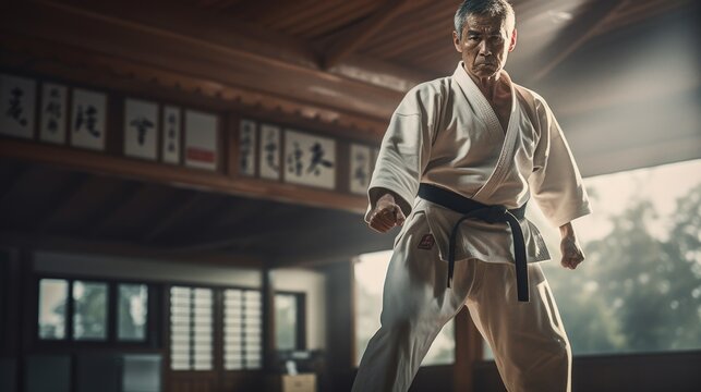 A man standing in a room with a black belt. Suitable for martial arts or self-defense concepts