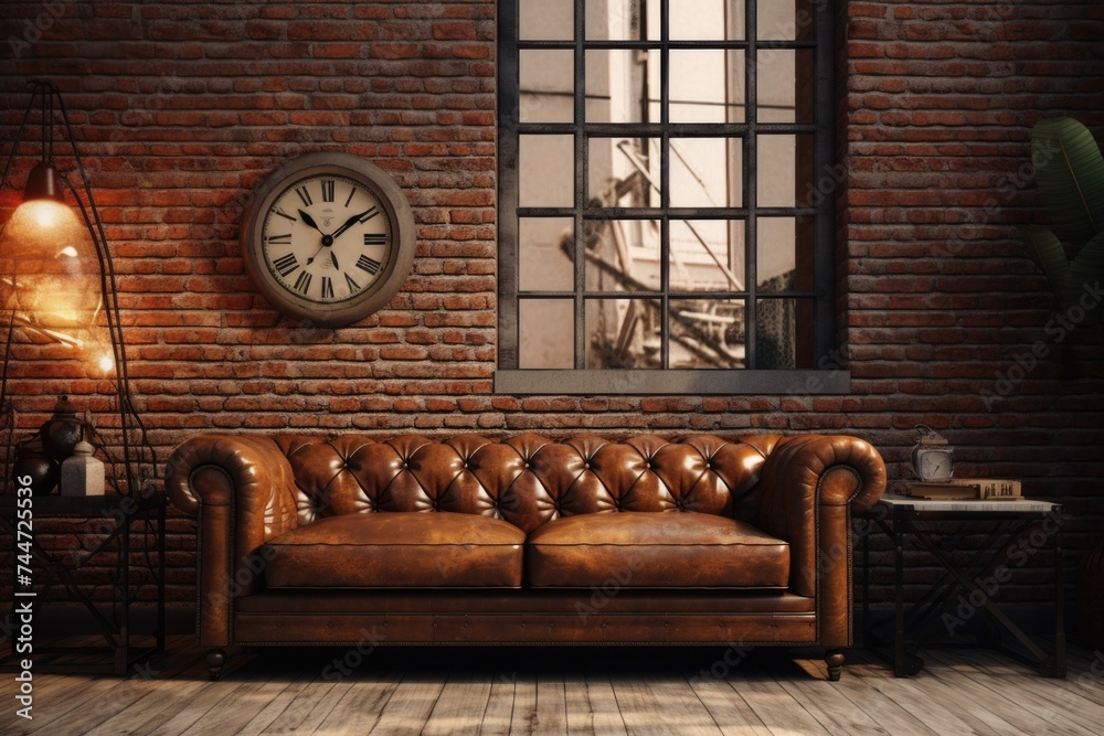 Poster a brown leather couch positioned in front of a window. perfect for interior design concepts