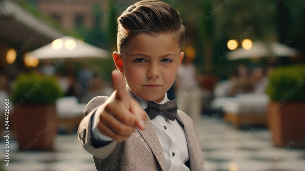 Poster a young boy in a suit pointing at the camera. ideal for business concepts