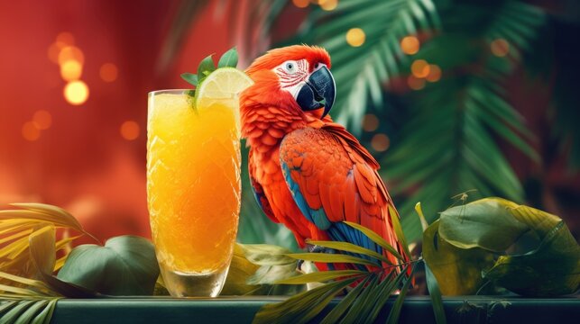 Colorful parrot sitting on table next to glass of juice. Ideal for tropical themed designs
