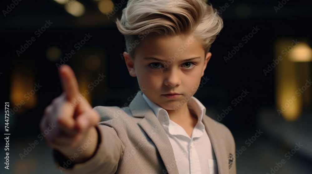Poster a young boy in a suit pointing at the camera. suitable for business concepts