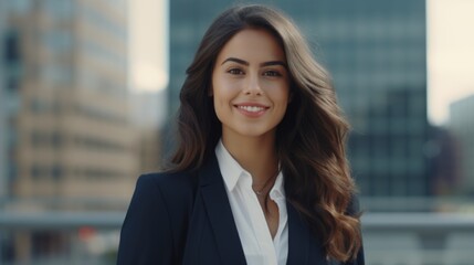 Fototapeta premium A woman in a business suit standing in front of a city skyline. Perfect for business presentations