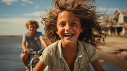 Two children relish a sunny bike ride on a dock, sea breeze in their hair. - obrazy, fototapety, plakaty