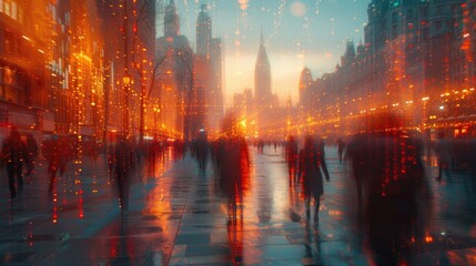 Fototapeta na wymiar Rain-soaked city street illuminated by a warm, orange glow with blurred figures walking, creating a moody urban atmosphere.