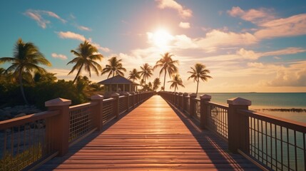A serene wooden bridge over a body of water with palm trees in the background. Ideal for nature and travel concepts