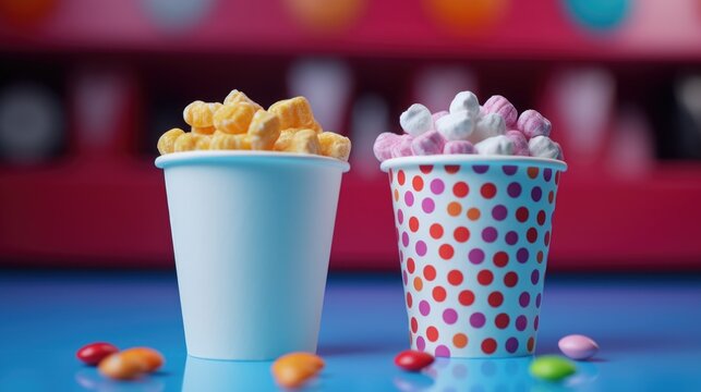 Colorful candy and fluffy marshmallows in cups. Perfect for food and beverage concepts