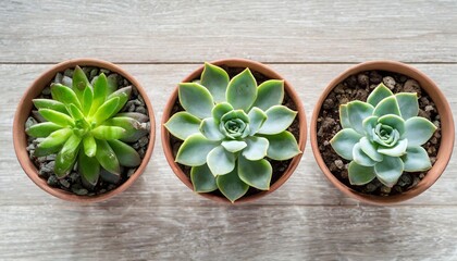 top view of small potted cactus succulent plants set of three various types of echeveria succulents including raindrops echeveria center - obrazy, fototapety, plakaty