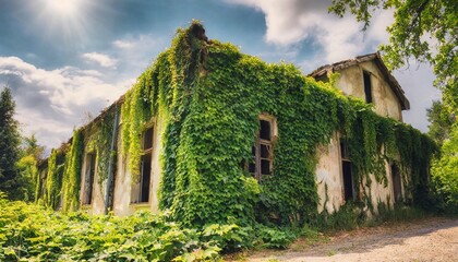 Fototapeta na wymiar creeper plants covering abandoned building in summer town