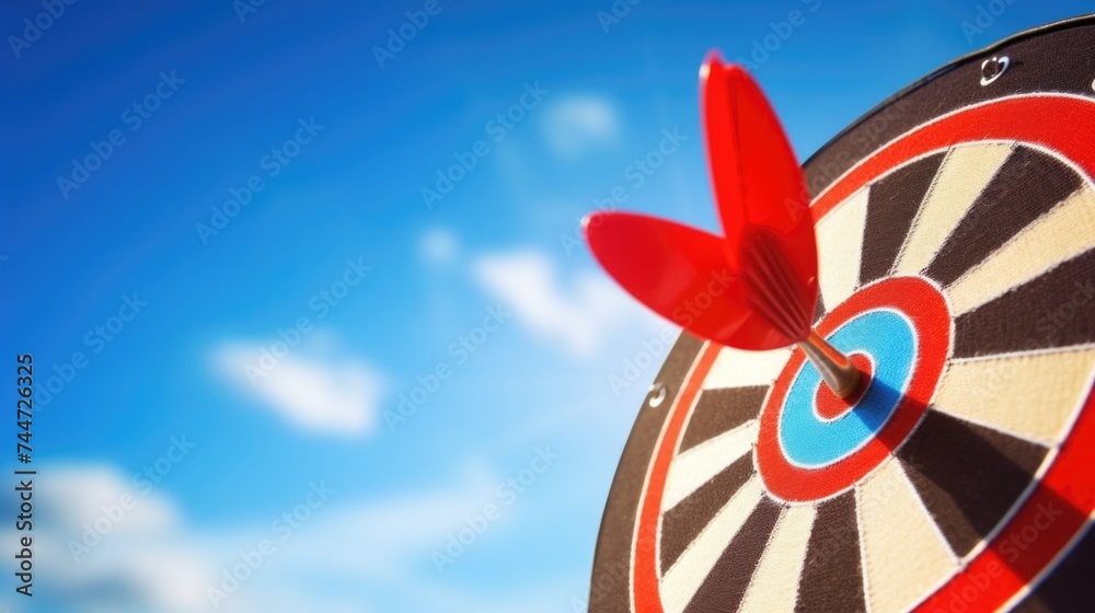 Poster red dart hitting the center of a dartboard. ideal for sports and success concepts