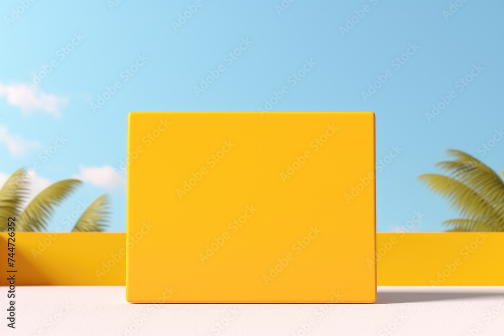 Poster a yellow box sitting on top of a white surface. ideal for product placement