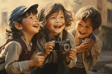 Group of three children holding a camera. Perfect for educational and technology concepts