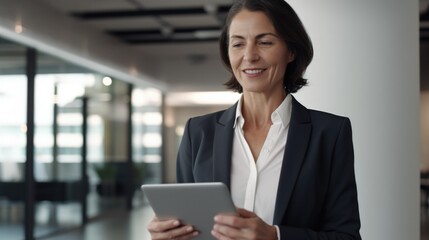 A professional woman holding a digital tablet. Perfect for business concepts