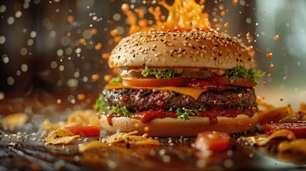 wonderful juicy hamburger, detailed with black background, crunchy vegetables.