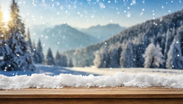 wooden desk cover of snow flakes and blurred landscape of mountains cold december day empty space for your products mockup background and christmas time natural light snow and frost decoration