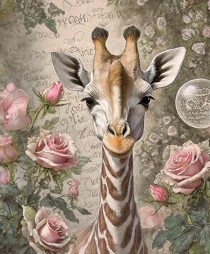 Nostalgie Bilder, im Stil um 1900, vintage Postkarten, Giraffe im Rosenwald