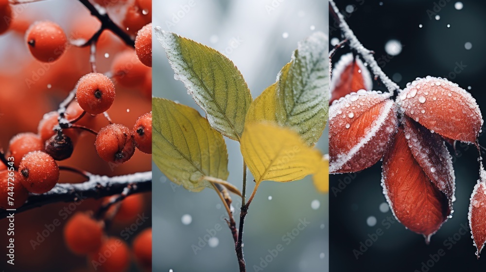 Poster collection of images featuring a tree with vibrant leaves and berries, suitable for various nature-t