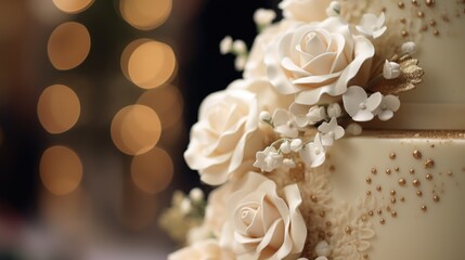 Close up of a beautiful wedding cake, perfect for wedding websites or bridal magazines