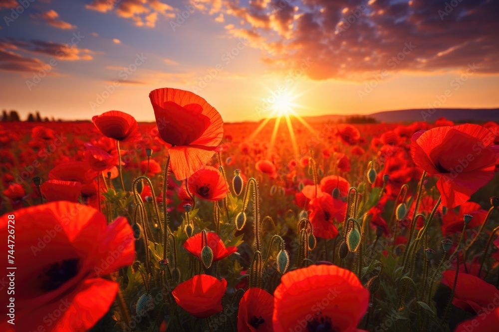 Poster beautiful field of red poppies with the sun setting in the background. suitable for nature and lands