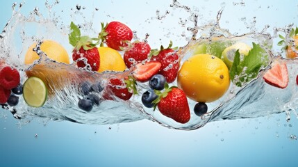 Various fruits being splashed with water, ideal for healthy lifestyle concepts
