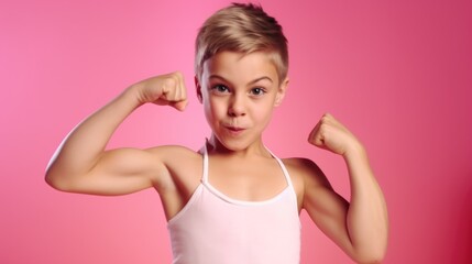 A young girl flexing her muscles. Suitable for fitness and empowerment concepts