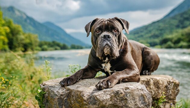 a huge italian cane corso lies resting on a stone post on the background of the river and mountains beautiful picture of a dog in nature