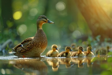 Obraz premium A mother duck leading her ducklings through a tranquil pond, reflecting the nurturing side of wildlife