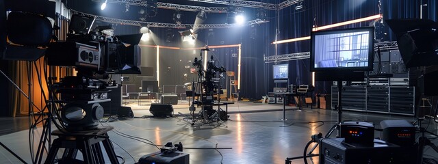 a recording studio with lights and equipment in the background - obrazy, fototapety, plakaty