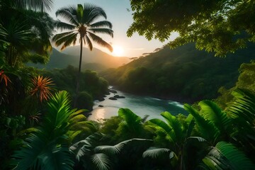 Fototapeta na wymiar a lush tropical jungle scene at sunset,
