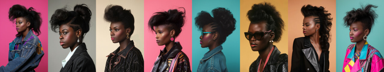 Set of 1980s fashion African american woman - mullet hairstyle - pop culture - funny fashion - vintage - profile side view - individual isolated portraits.  Black woman from the 80s. black power - obrazy, fototapety, plakaty
