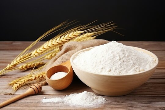 Bowl of flour with ears of wheat, ideal for baking recipes