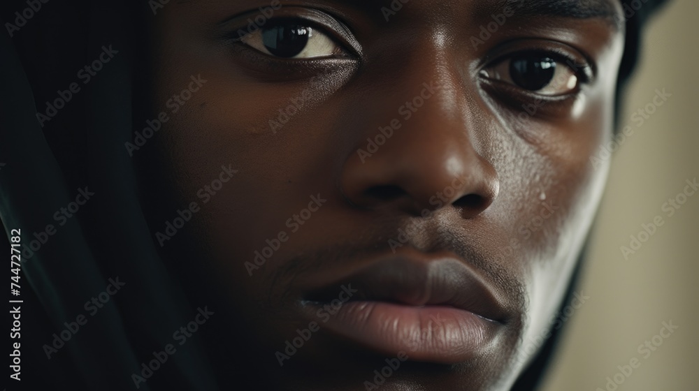 Poster close up of a person wearing a hoodie. suitable for various concepts and designs