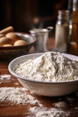 A bowl of flour sitting on a table, suitable for cooking or baking projects
