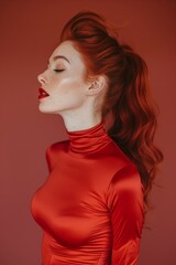 Elegant Red-Haired Woman with Freckles Wearing Red Dress