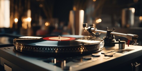 Close up of a turntable with a record, perfect for music industry designs
