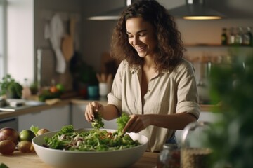 A woman in a kitchen preparing a healthy salad. Suitable for food and cooking concepts