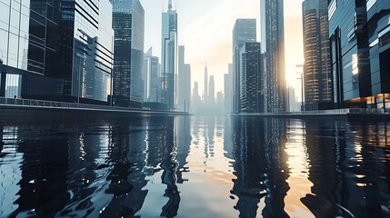 Fototapeta na wymiar urban reflection: the skyscraper's serene stance by the water