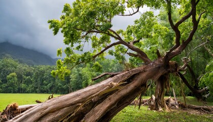 Fototapeta na wymiar storm causes big tree branch to fall