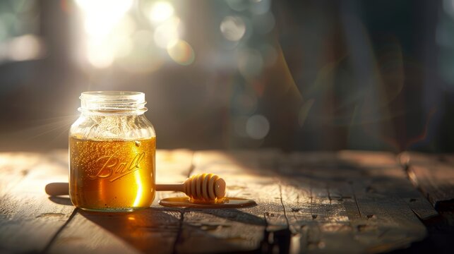 Honeycomb Treasure - Amber honey in a glass jar with intact honeycomb, natural light.