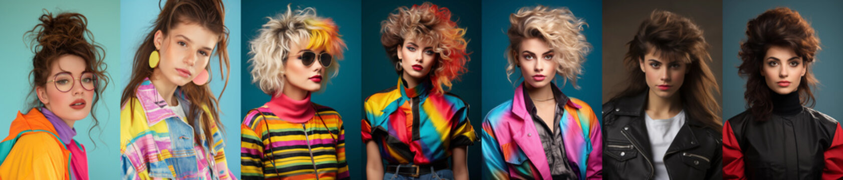 Set of 1980s fashion young teen woman - mullet hairstyle - pop culture - funny fashion - profile side view - individual isolated portraits. Young woman from the 80s. quirky and eccentric teens