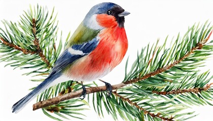 watercolor christmas bird on a branch isolated clipart