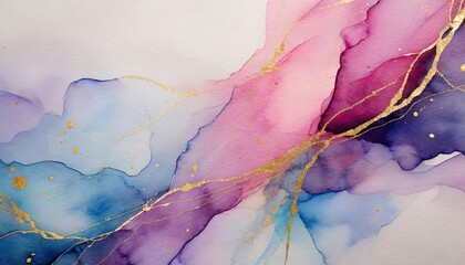 dreamy watercolor texture with an ethereal feel characterized by predominantly pink purple and blue hues creating a sense of depth through layering thin lines and speckles of gold accents