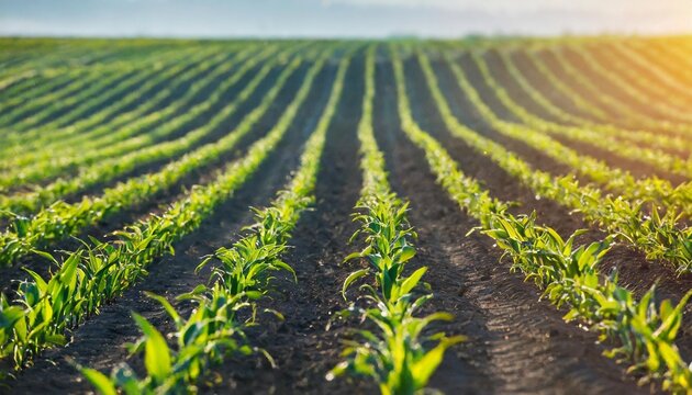 rows of sprouting maize in fields somewhere in ukraine